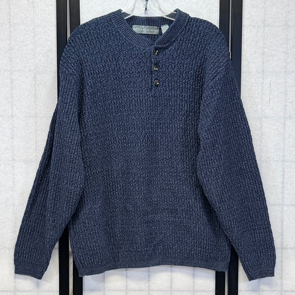 Oscar de la Renta Blue 3 Button Henley Sweater L Waffle Rib Knit Long Sleeve